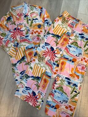 Women's Tropical Print Linen-Blend Pantsuit - Multicolor Beach Cover Up Set
